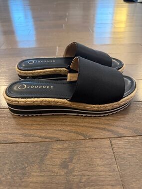 Journee Collection Black Espadrille Slide Sandals with Jute Trim, Size 10